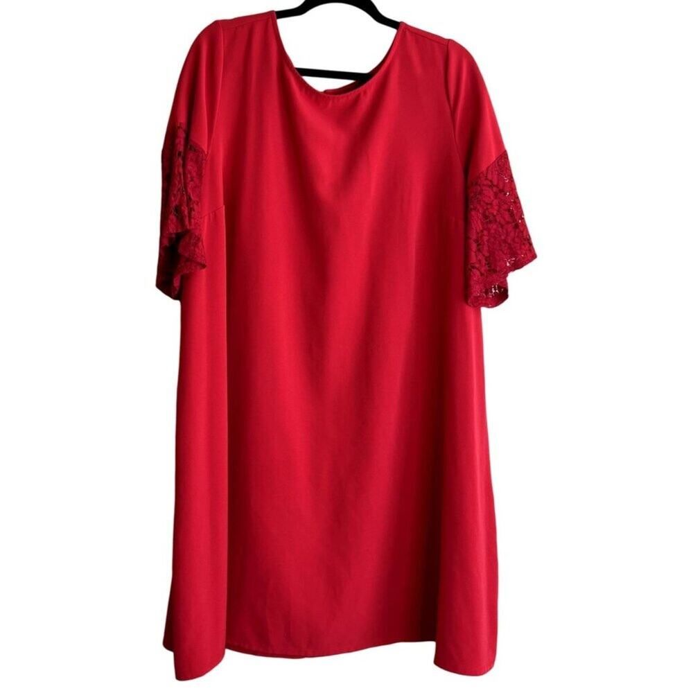 Lane Bryant Shift Tunic Dress Women 18 / 20 Red Short Sleeve modest lace ruffle